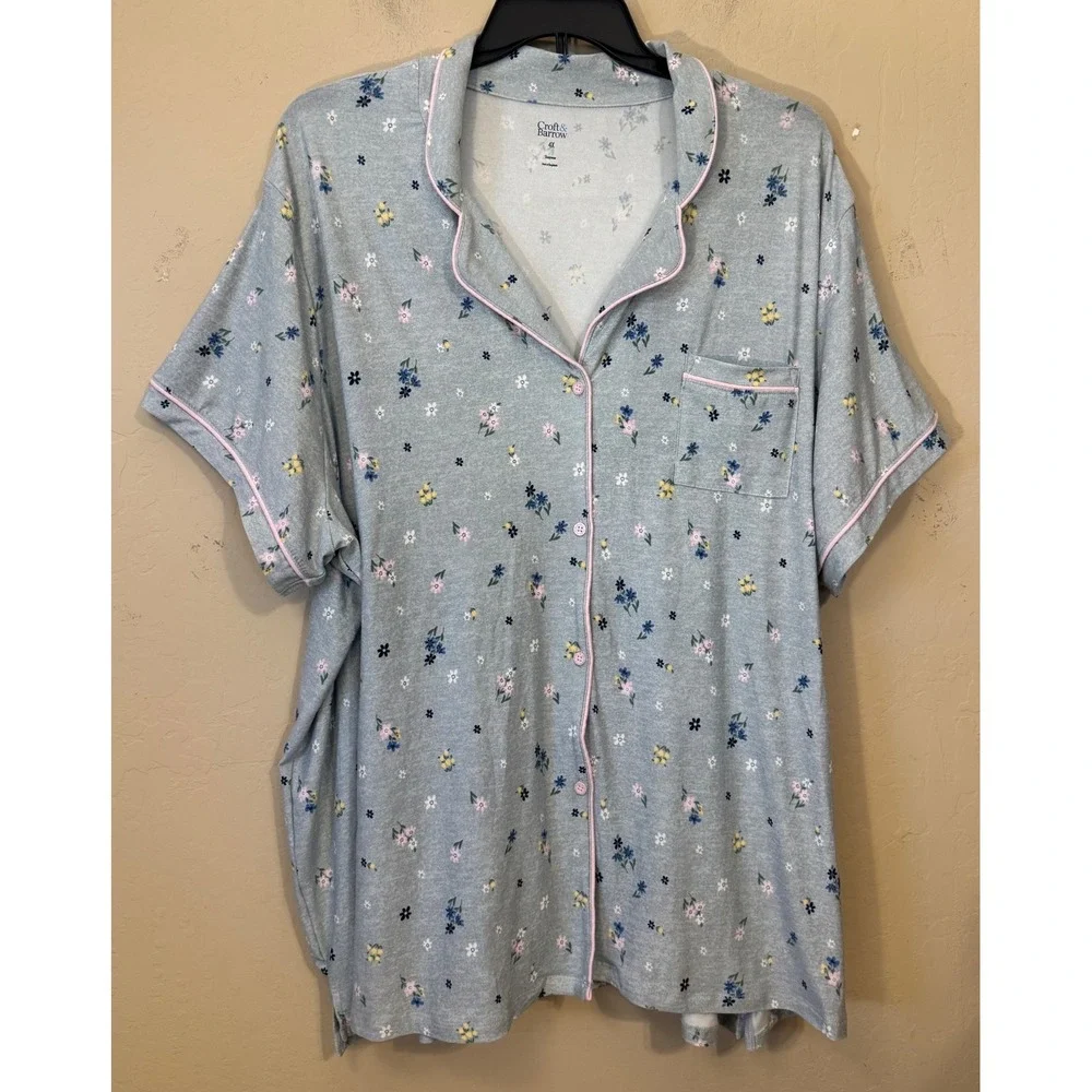 Croft & Barrow Pajama Set Women 4X Blue Floral Button Down Top Capri NEW